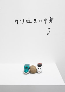牛島光太郎の作品『組み合わせの方法』。日用品を組み合わせたモノと壁に油性ペンで言葉（文字）を書いた作品。