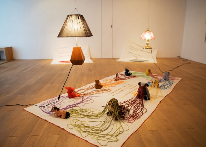 牛島光太郎の作品『scene』。文字を刺繍した物語性の強い作品。