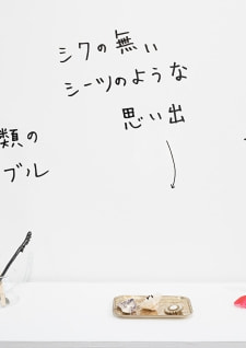 牛島光太郎の作品『組み合わせの方法』。日用品を組み合わせたモノと壁に油性ペンで言葉（文字）を書いた作品。