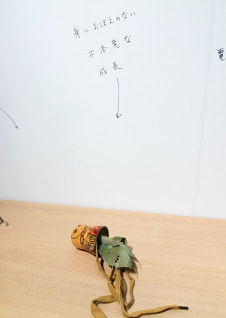 牛島光太郎の作品『組み合わせの方法』。日用品を組み合わせたモノと壁に油性ペンで言葉（文字）を書いた作品。