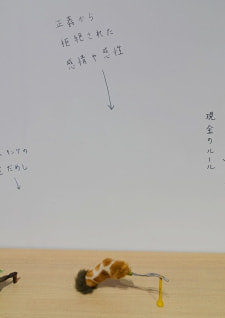 牛島光太郎の作品『組み合わせの方法』。日用品を組み合わせたモノと壁に油性ペンで言葉（文字）を書いた作品。