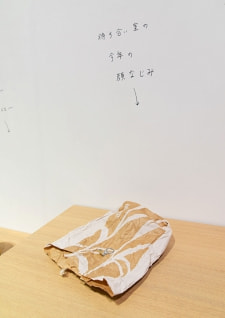 牛島光太郎の作品『組み合わせの方法』。日用品を組み合わせたモノと壁に油性ペンで言葉（文字）を書いた作品。