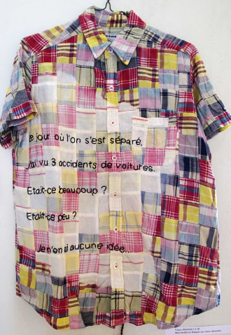 牛島光太郎の作品『old clothes』。漂白した古着に文字（言葉）を刺繍した作品。